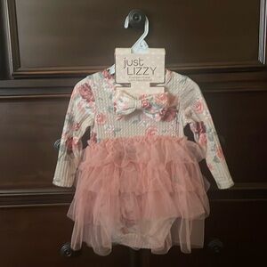 New Just Lizzy Baby Girl 18m Waffle knit onesie dress / headband 2pc set